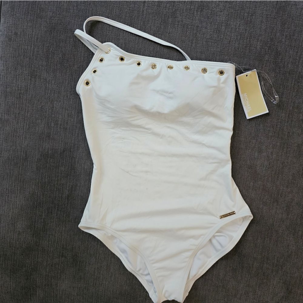 Michael Kors Size 6 strappy white One-Shoulder grommet women's Swimsuit